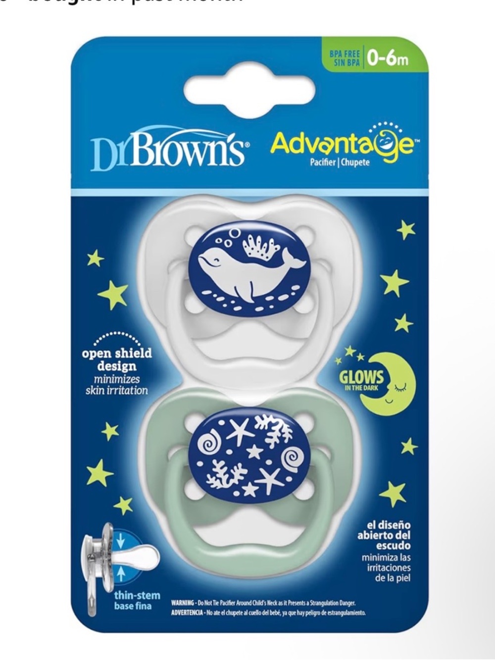 Dr Brown’s Advantage Glow-in-the-Dark 0-6m Pacifiers Ocean Theme (2-Pack)